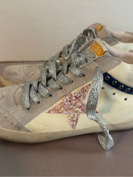 Golden Goose Mid Star Low-Top Sneakers in Grey, Silver & Pink Glitter - Picture 8 of 15